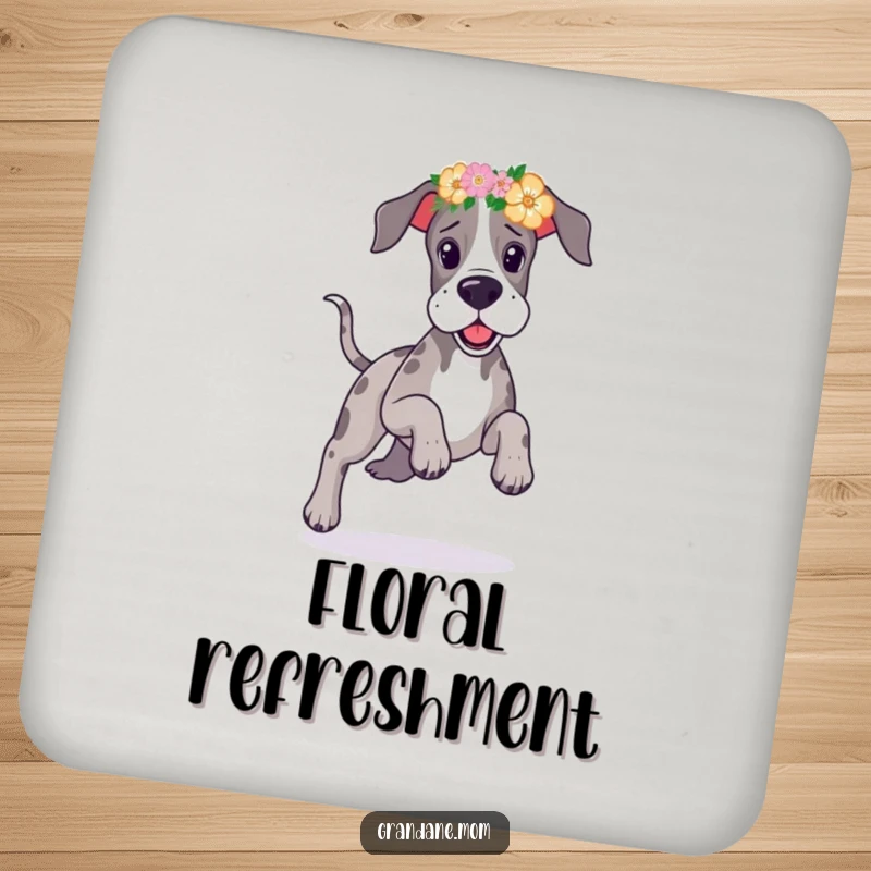 Funny Great Dane floral headband drink coaster with a playful dog prancing joyfully, adorned with flowers.