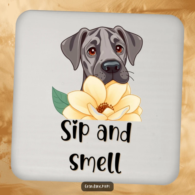 Funny Coaster with a Great Dane gently peeking over a large flower, adding a touch of sweet humor to tabletops.