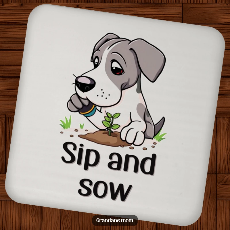 Funny Great Dane gardener drink coaster with a large dog in gloves planting a tiny seedling, protecting surfaces.
