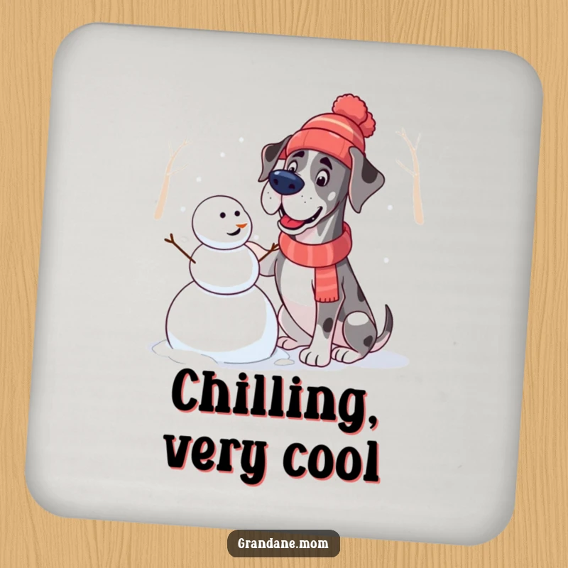 Funny Great Dane Coasters: Coasters depict a dog in a hat building a snowman, offering protective winter humor.