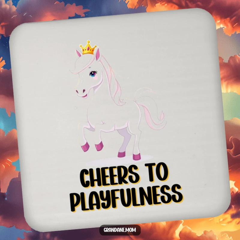 Funny Grand Dane dog wearing a tiara, prancing playfully on a drink coaster, adding humorous playful protection.