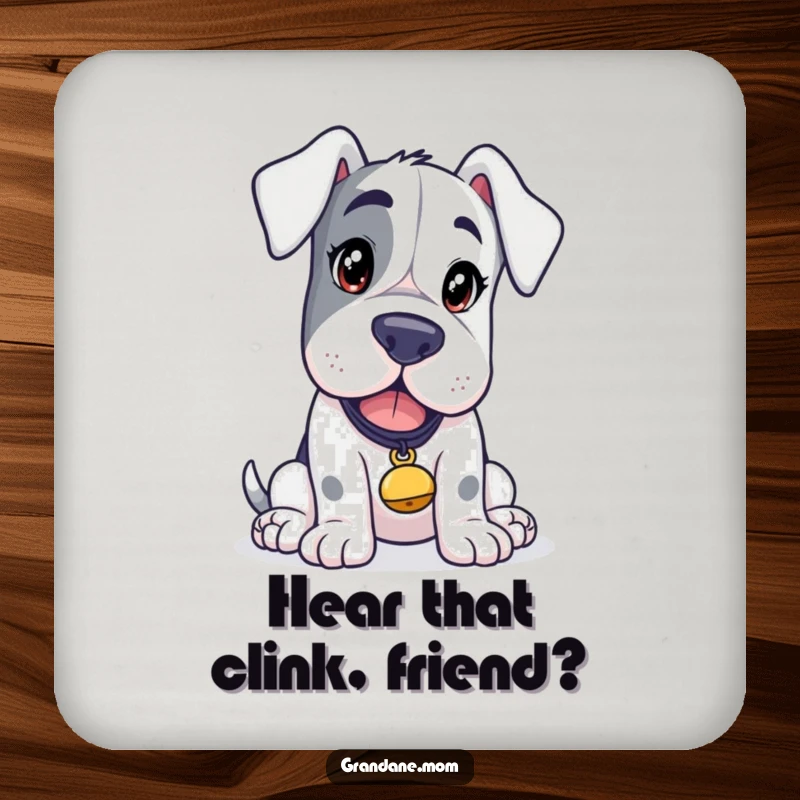 Funny Grand Dane Curiosity Coasters, a curious dog with a tinkling bell, protecting surfaces, a humorous and practical gift.