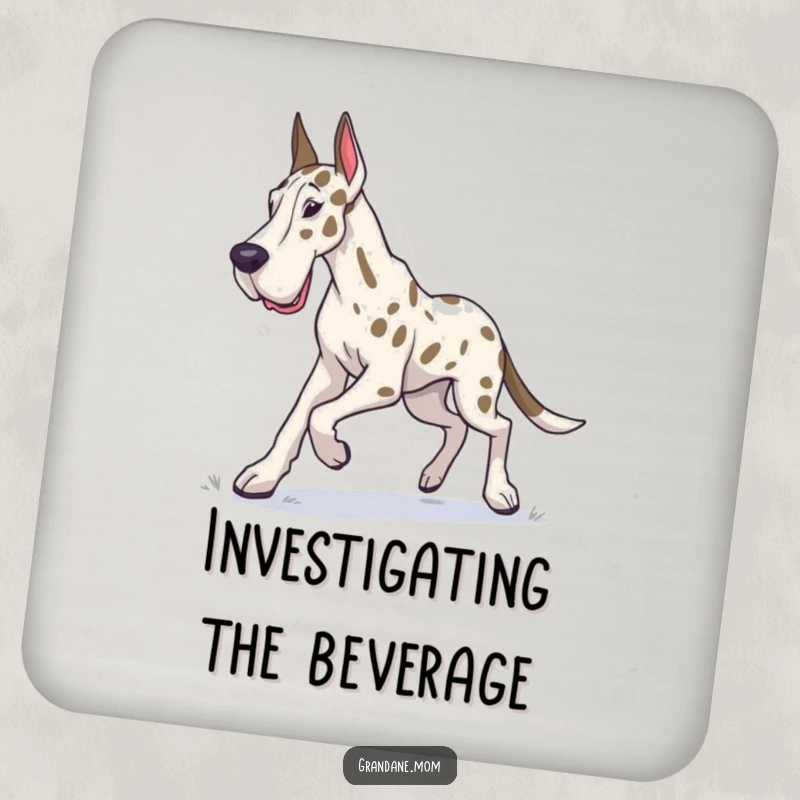 Funny Grand Dane drink coasters showcasing a dog in a determined trot, exploring with purpose.