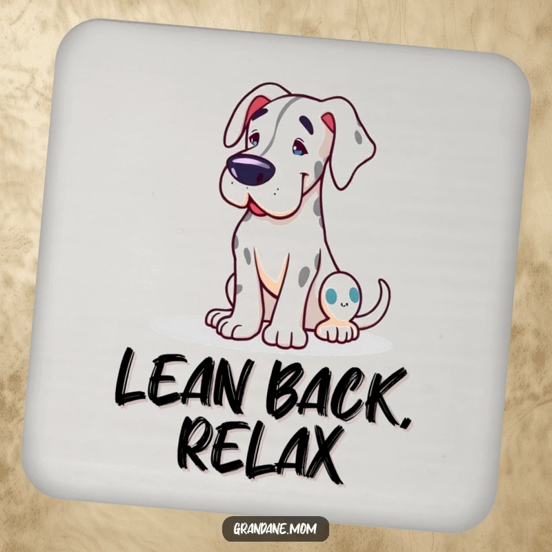 Funny Grand Dane drink coaster with a friendly dog leaning affectionately, protecting surfaces with adorable canine charm.