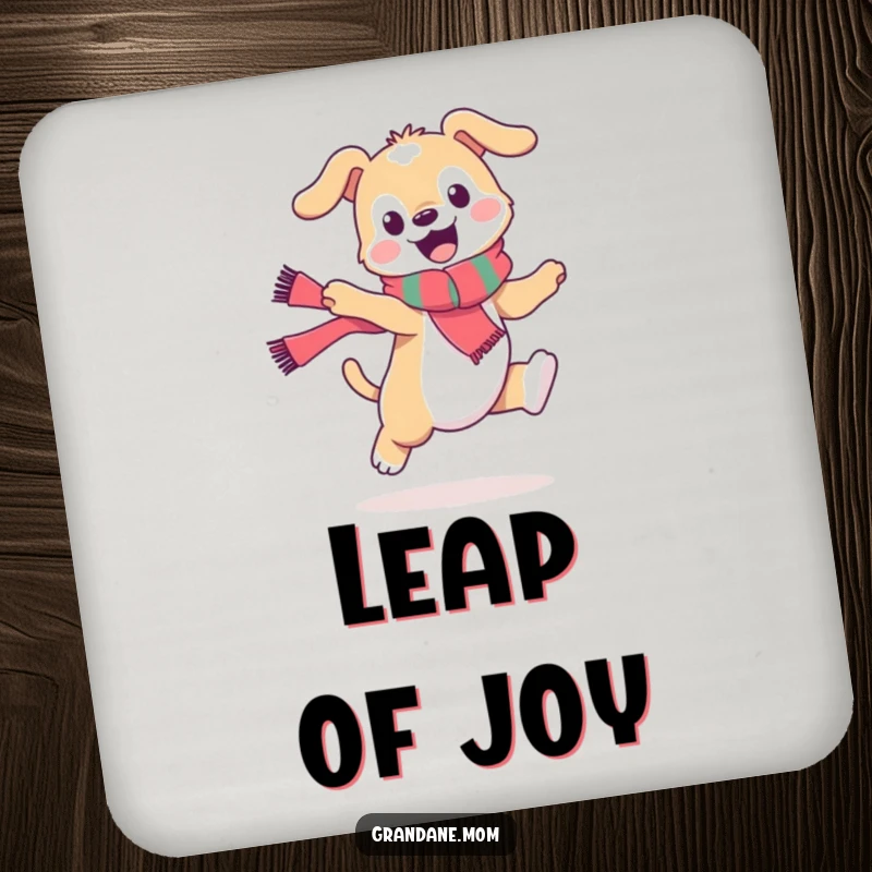Funny daniff coaster, a stylish dog in a scarf doing a playful leap, protecting surfaces with canine charm and humor.