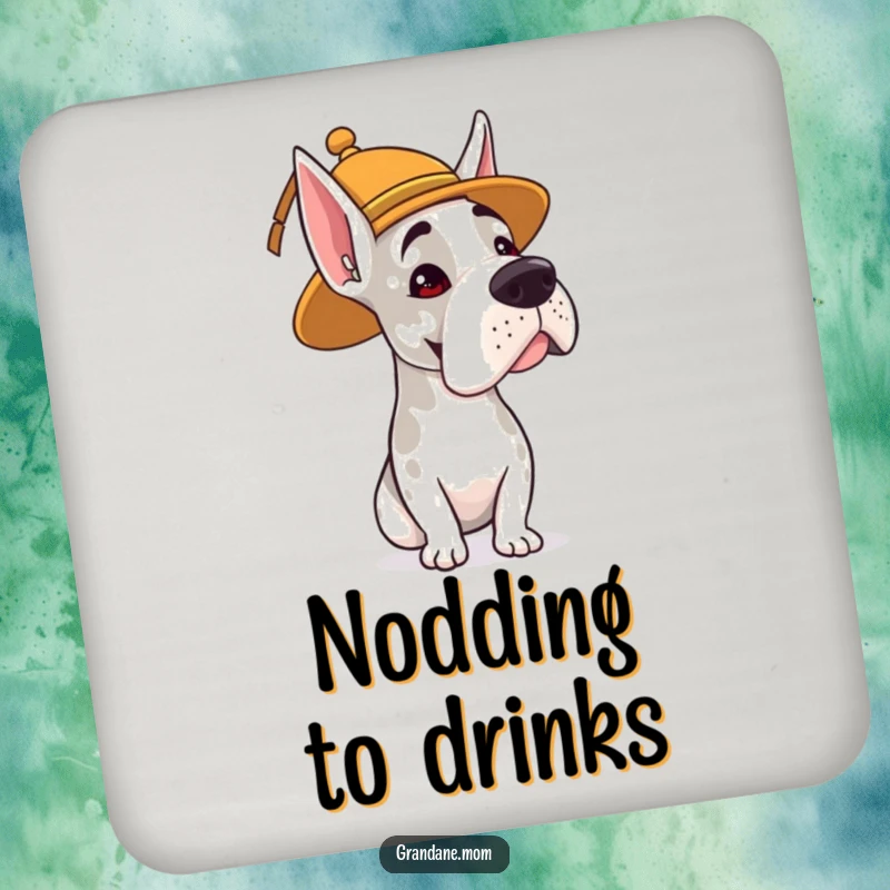 Funny drink coaster with a Grand Dane wearing a whimsical hat, giving a gentle head nod for whimsical table protection.