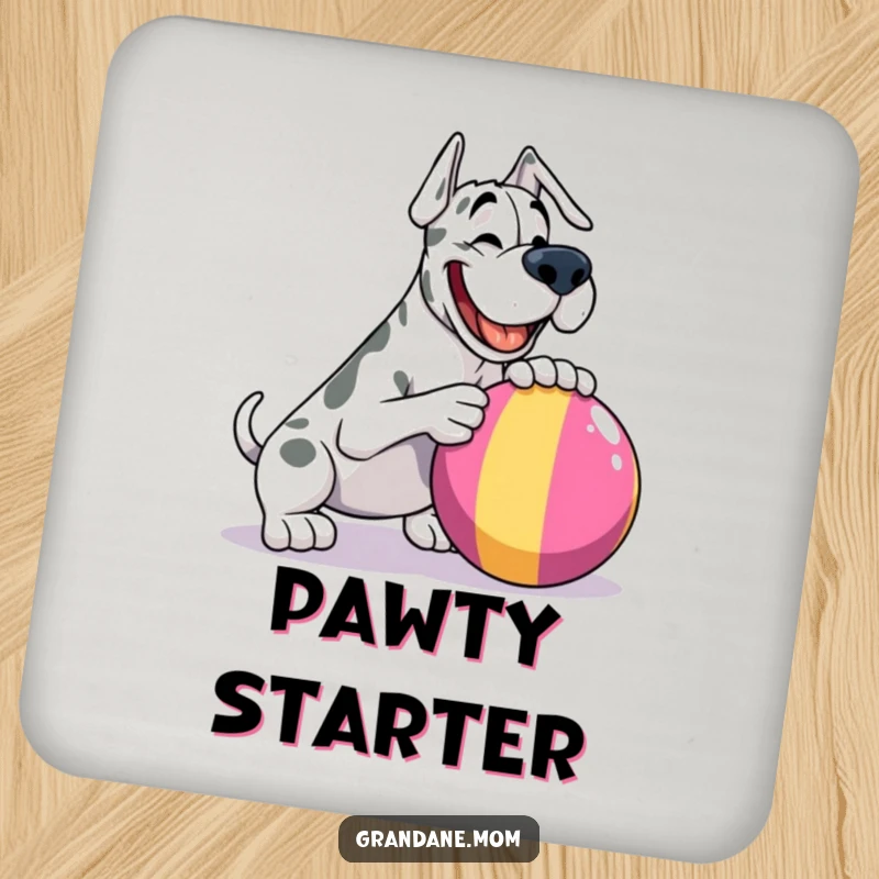 Funny Grand Dane coaster, a happy large dog playfully nudging a colorful ball, protecting surfaces with canine charm.