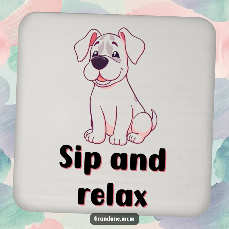 Funny drink coaster with a Grand Dane featuring a sweet expression, happily curled up, providing peaceful table protection.