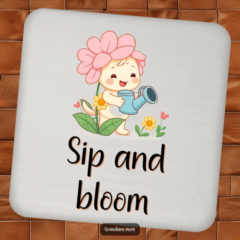 Funny daniff coaster, a cheerful dog with a watering can tending a large flower, adding floral charm and surface protection.