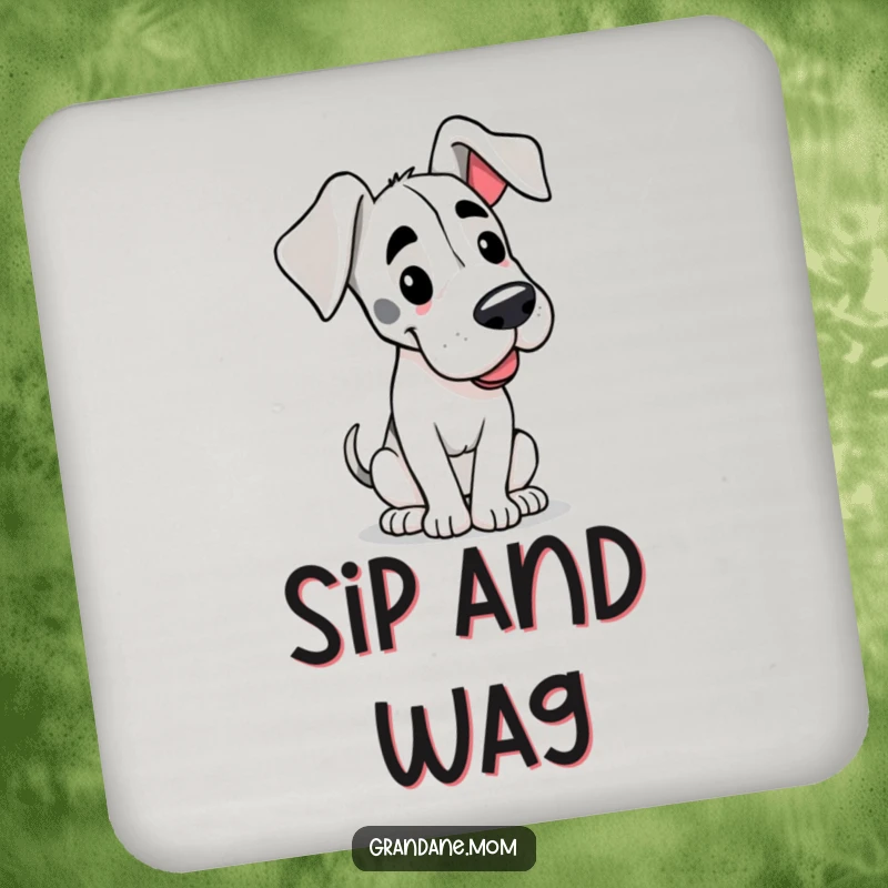 Funny drink coaster featuring a happy Grand Dane dog with floppy ears, its tail wagging slowly, adding cheerful protection.