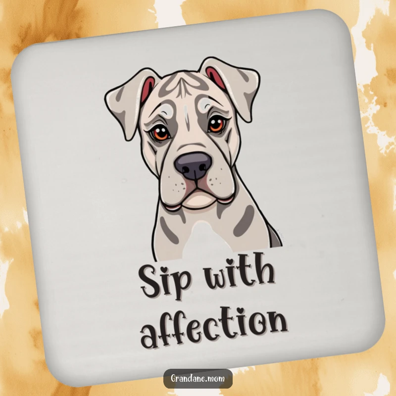Funny Grand Dane Coaster: A Grand Dane with soulful eyes offers a gentle lick, adding heartwarming and humorous protection to your surfaces.