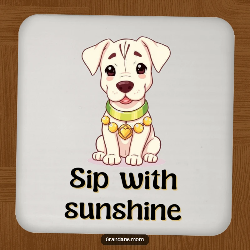 A Grand Dane radiating gentle warmth, wearing a gleaming collar, depicted on a protective drink coaster.