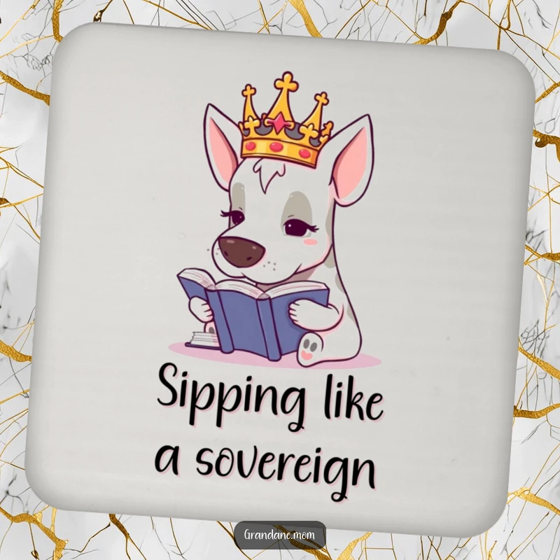 Funny Grand Dane Royal Coasters, a crowned dog reading, protecting surfaces, a humorous and practical gift.