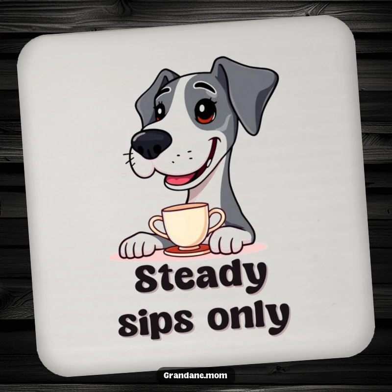 Funny Coaster featuring a Great Dane balancing a teacup on its nose, adding a humorous touch to any table.