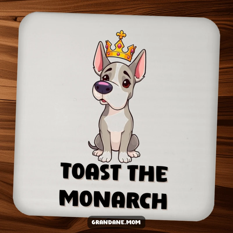 Funny Grand Dane coaster featuring a majestic dog wearing a tiny crown and striking a regal pose, protecting surfaces.