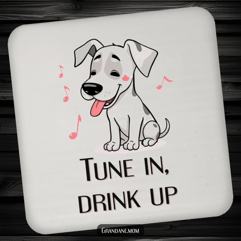 Funny Great Dane musical drink coaster with a large dog humming a tune, accompanied by a musical note symbol.
