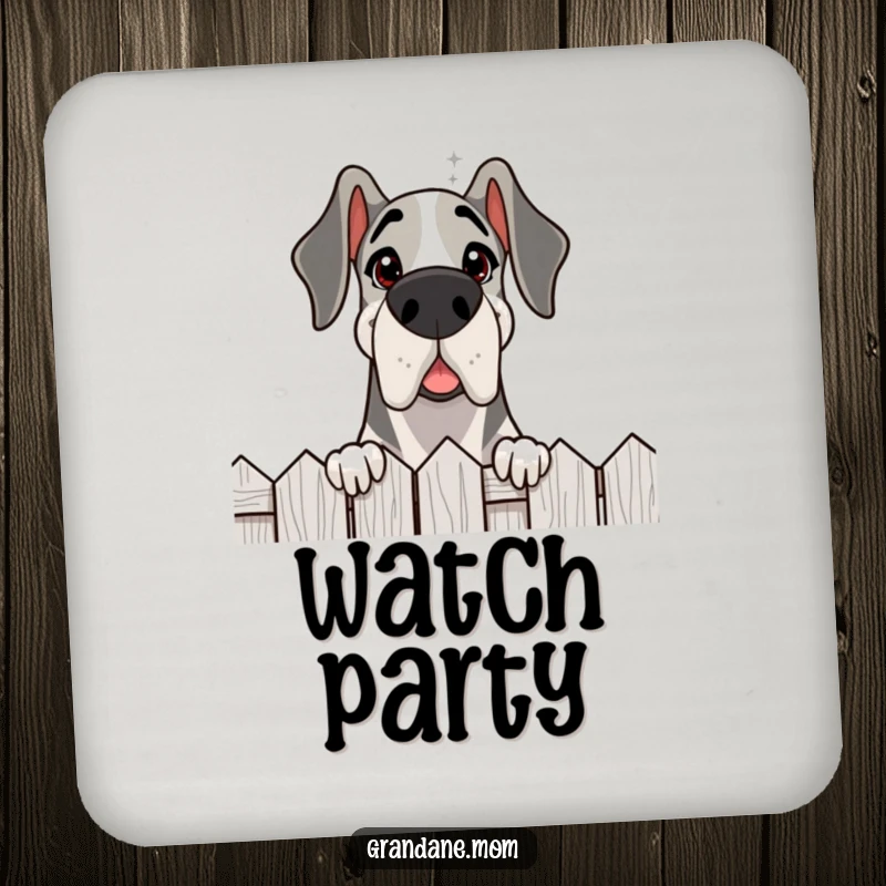 Funny Grand Dane coaster, a delighted large dog peeking over a fence with a friendly expression, protecting surfaces with charm.