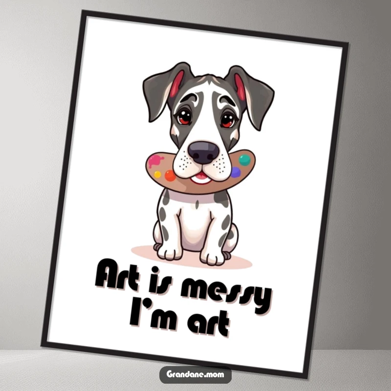 Funny Great Dane artist poster depicting a dog painting, ideal for wall art and as a humorous gift.