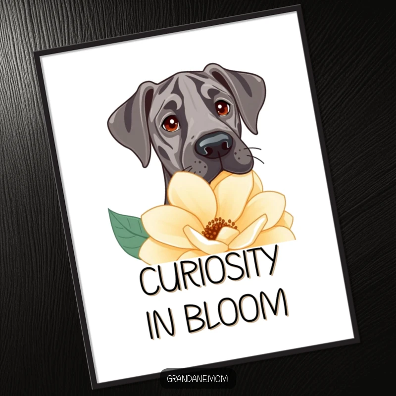 Funny Poster captures a Great Dane's gentle curiosity as it peeks over a large flower, creating a sweet, humorous scene.