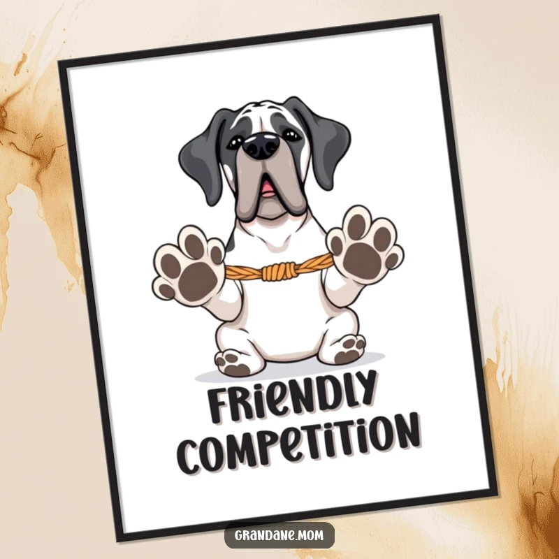 Funny Grand Dane poster of a large dog with paws extended, ready for tug-of-war, capturing a moment of playful anticipation.