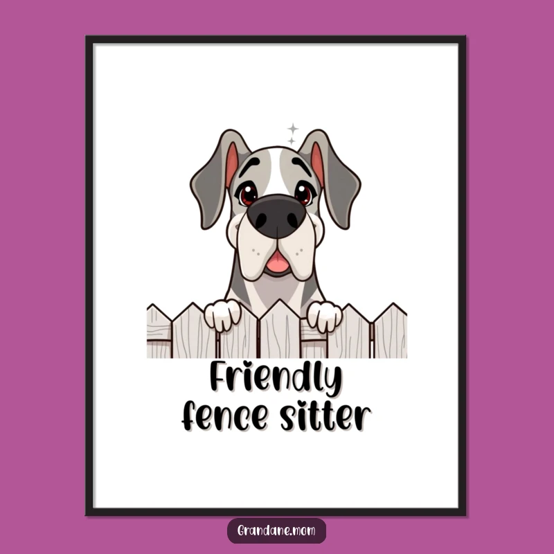 Funny Grand Dane Fence View Poster: Curious Dog Art for Walls