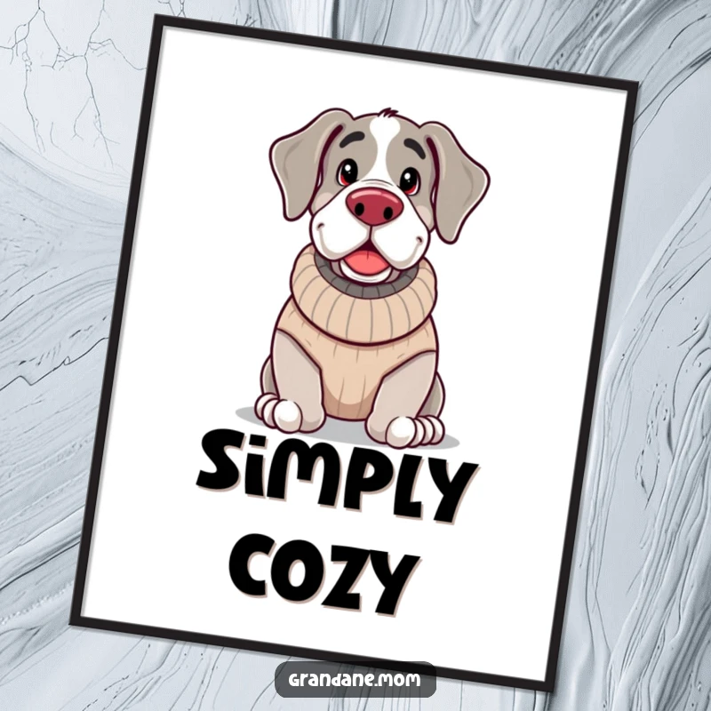 Funny, jolly Grand Dane looking incredibly cozy in a soft, knitted sweater, perfect for adding warmth to any room.