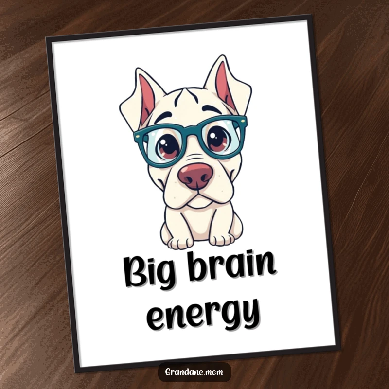Funny Grand Dane Poster: A Grand Dane with oversized glasses looks curiously, adding a humorous and intellectual touch to wall art.