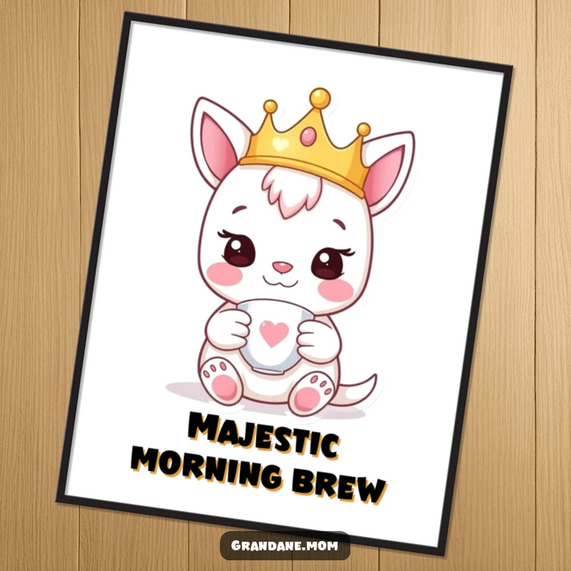 Funny daniff poster of a happy dog wearing a tiny crown and holding a teacup, bringing sophisticated humor to any room.