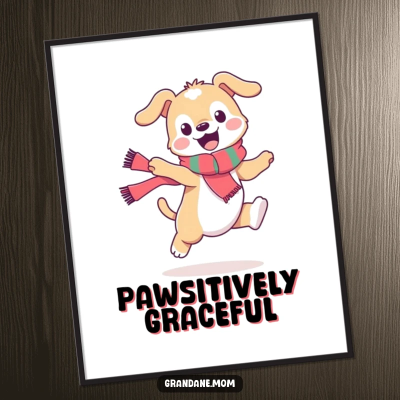 Funny daniff poster, a fashionable dog in a scarf doing a playful leap, capturing motion and style, ideal wall art for a funny gift.