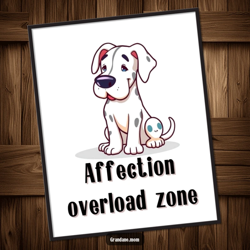 Funny Grand Dane poster showcasing a friendly dog leaning for affection, adding a touch of humor and warmth to home decor.