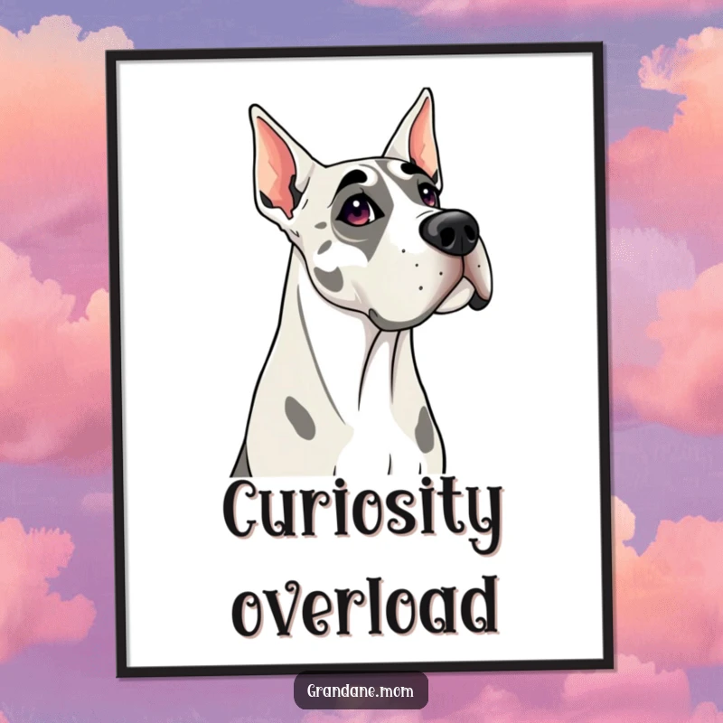 Funny Grand Dane poster capturing a dog tilting its head inquisitively, perfect for adding a humorous and engaging element to decor.