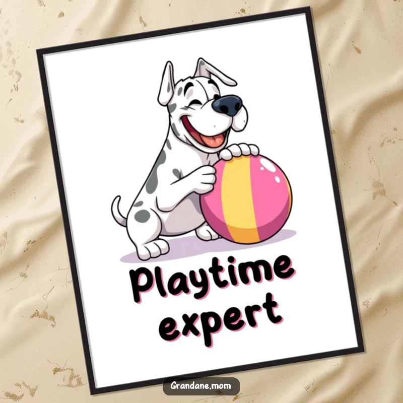 Funny Grand Dane poster, a happy giant dog about to nudge a large, colorful ball, capturing pure playful exuberance.