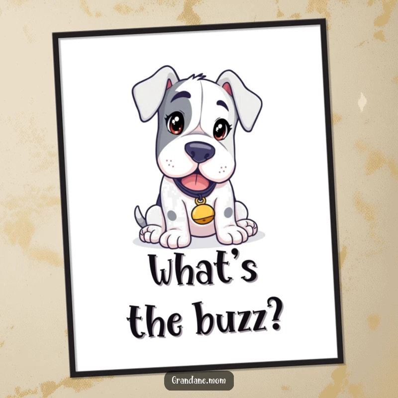 Funny Grand Dane Curiosity Poster, a dog with a curious expression and a tinkling bell, inviting intrigue, a humorous wall art gift.