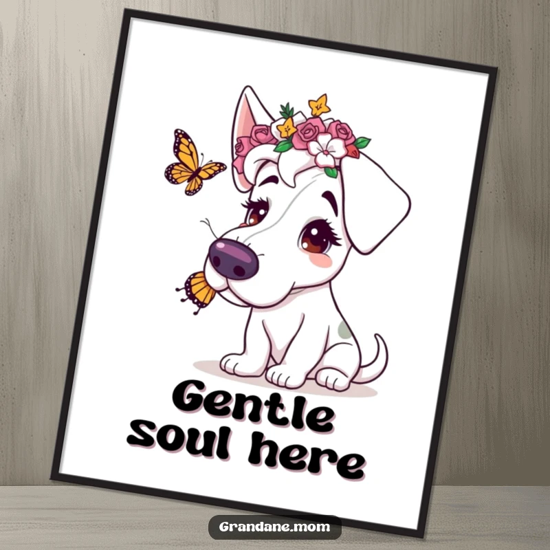 Funny poster of a Grand Dane with a flower crown, gently batting at a butterfly, celebrating canine grace and natural beauty.