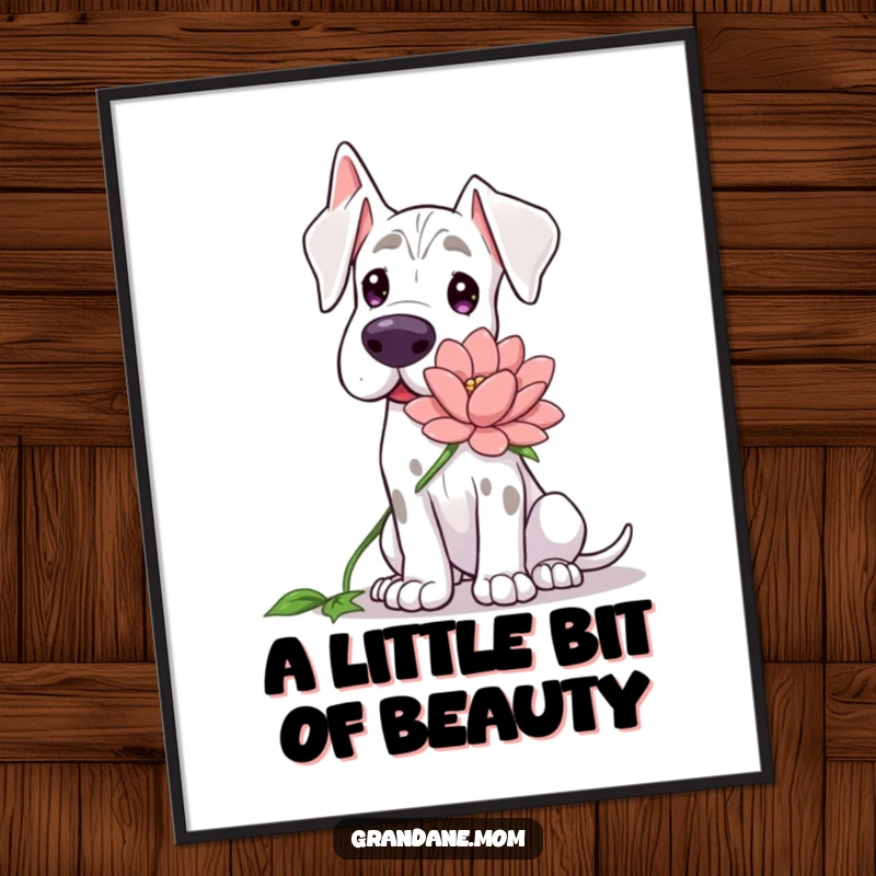 Funny Grand Dane poster, a gentle dog with a soft demeanor, offering a large, beautiful flower.