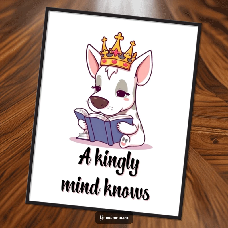 Funny Grand Dane King Poster, a crowned dog studying a book intently, exuding regal intelligence, a humorous wall art gift.