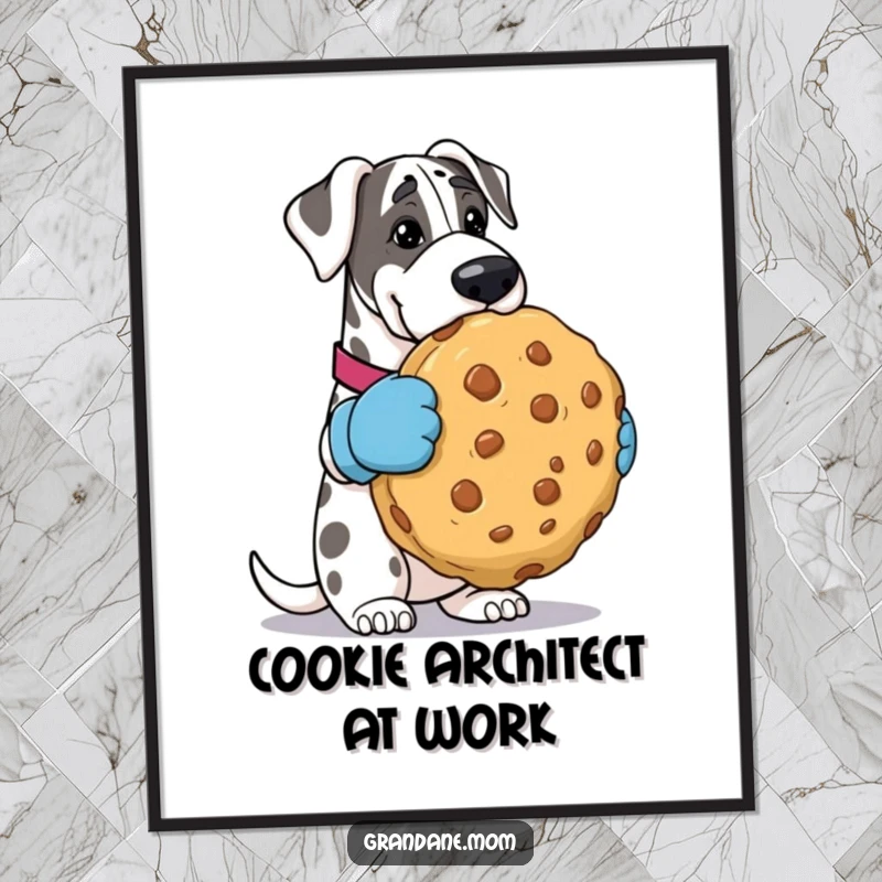 Funny Grand Dane poster artwork, showing the dog in oven mitts with a colossal cookie, creating a whimsical and joyful atmosphere. Great funny gift.