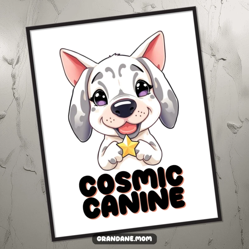 Funny Grand Dane poster, art print of a happy dog holding a small, twinkling star, delightful wall decor.