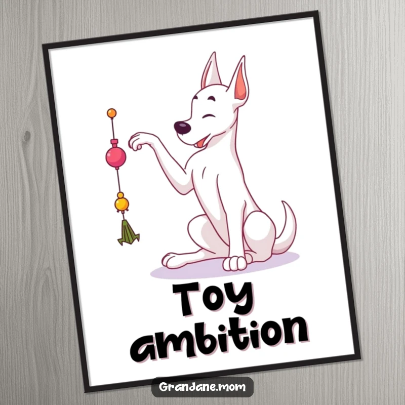 Funny Grand Dane poster of a large dog reaching gracefully towards a dangling toy, capturing a moment of intense playfulness.