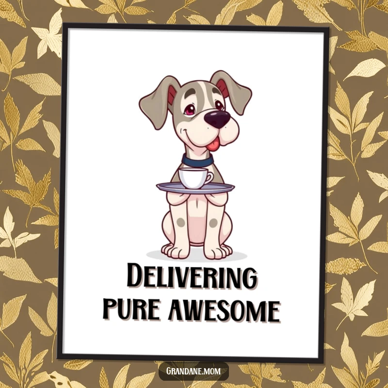 Funny Grand Dane server poster art depicting a large dog carefully balancing a small tray with a single cup, highlighting humor.