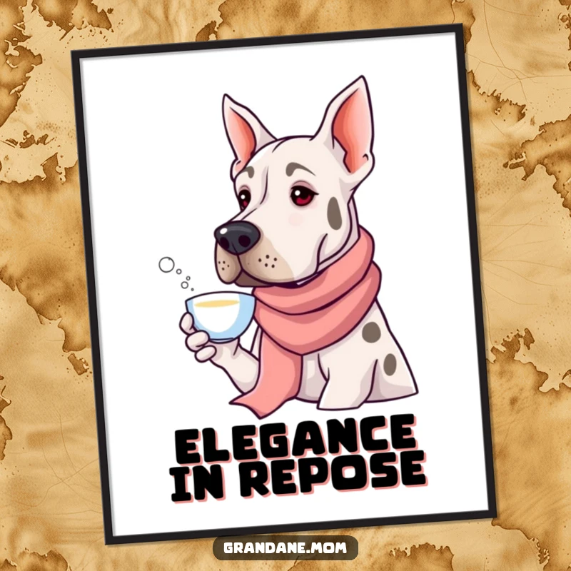 Funny Grand Dane in a long silk scarf enjoying tea, presented as elegant wall art, offering a humorous and classy decorative piece.