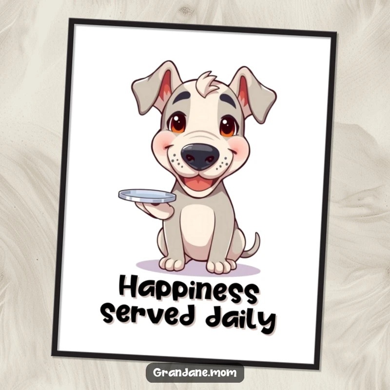 Funny Grand Dane poster featuring a happy dog with a joyful expression balancing a small silver tray, cheerful art.