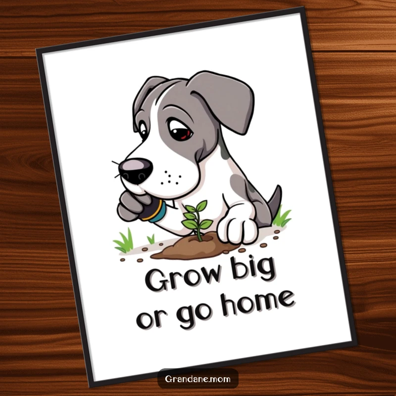Funny Great Dane gardener poster showing a gentle giant dog in gloves, planting a small seedling with tenderness.