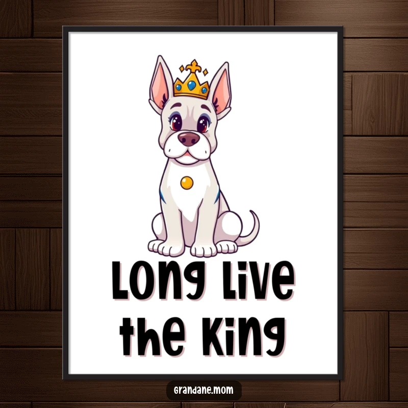 Funny Grand Dane Poster: A majestic Grand Dane sits proudly wearing a tiny crown, depicted in humorous royal elegance for wall art.