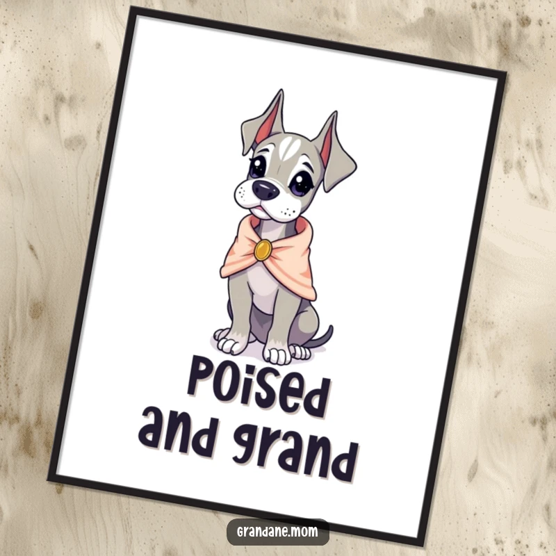 Funny Grand Dane wearing a tiny, elegant shawl, looking poised, sophisticated wall art, humorous and classy, funny gift.