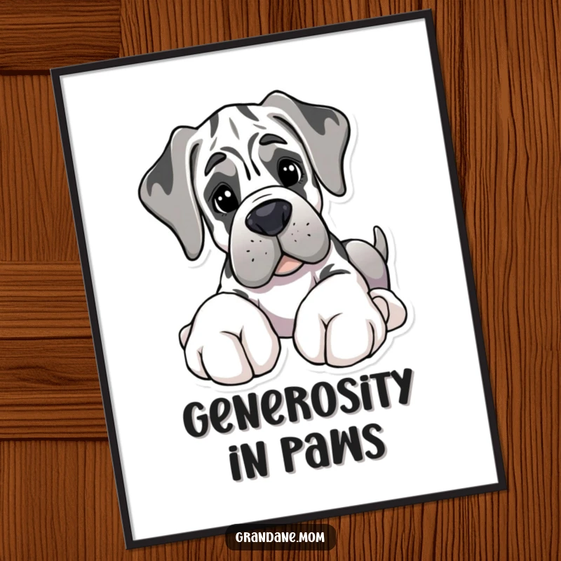 Funny poster art of a Grand Dane with huge paws, sweetly offering a soft toy, embodying gentle giant vibes.