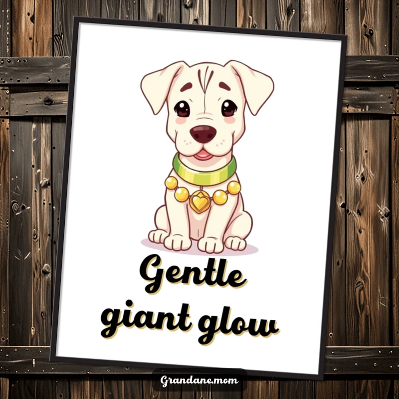 A Grand Dane wearing a gleaming collar, exuding a gentle, comforting warmth, presented as an elegant wall art poster.