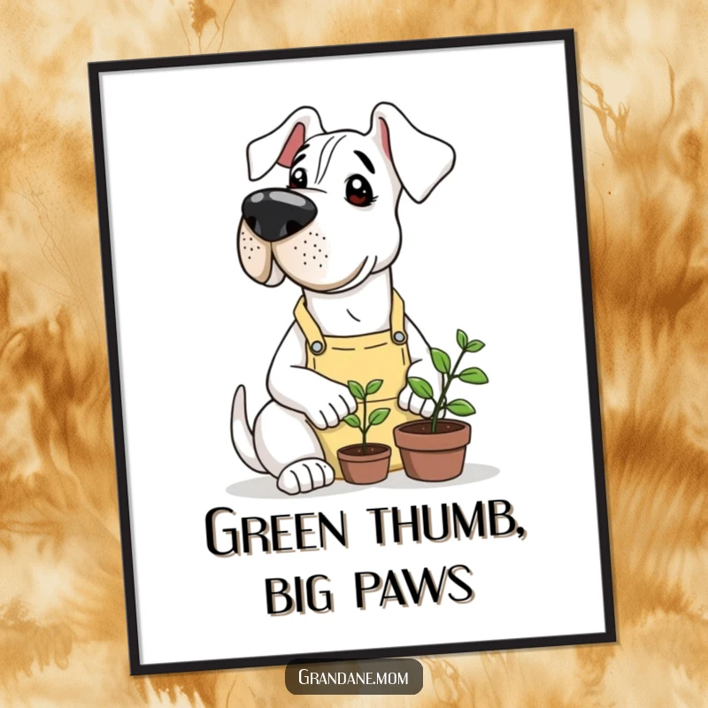 Funny Grand Dane in a gardening apron, tenderly observing a minuscule sprout, presented as a heartwarming wall art poster.