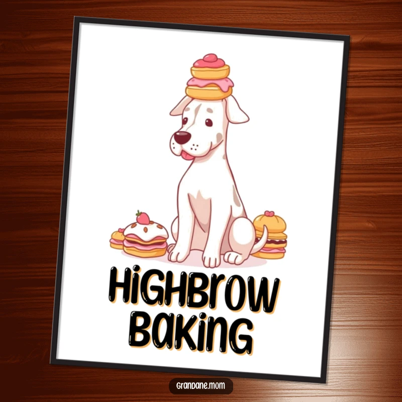 Funny Grand Dane poster featuring a graceful dog balancing a tall stack of delicate pastries on its head, elegant art.