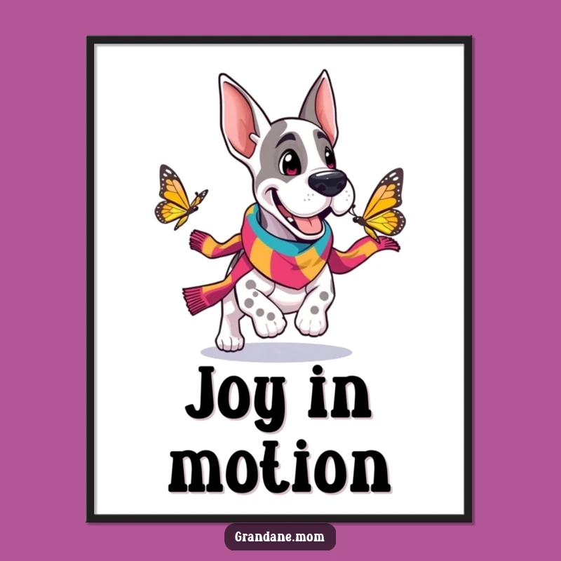 Funny Grand Dane Scarf Poster: Cheerful Dog Art, Butterfly Chase Wall Decor Gift